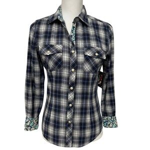Rock Roll n Soul Plaid Western Shirt With Floral Details SZ Small NEW WITH TAGS